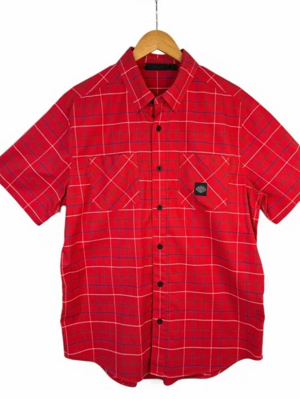 Mens Harley Davidson Short Sleeve Button Down Shirt Red Blue
